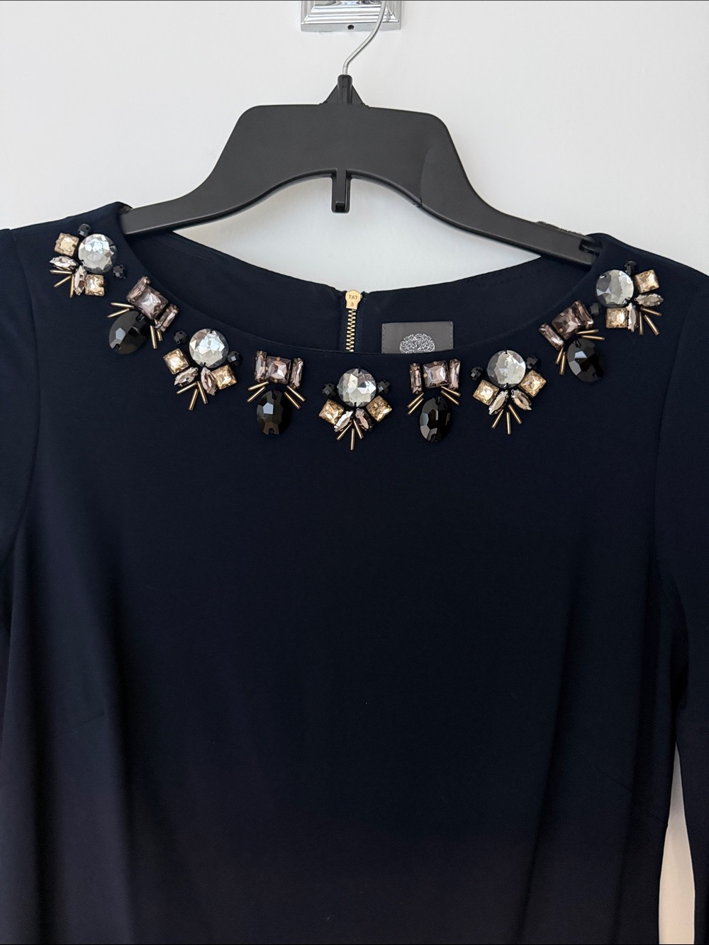 Vince Camuto Navy Long-Sleeve Jeweled Neck Dress - Picture 2 of 4